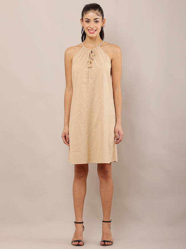 Women Beige Halter Neck Cotton A-Line Dress