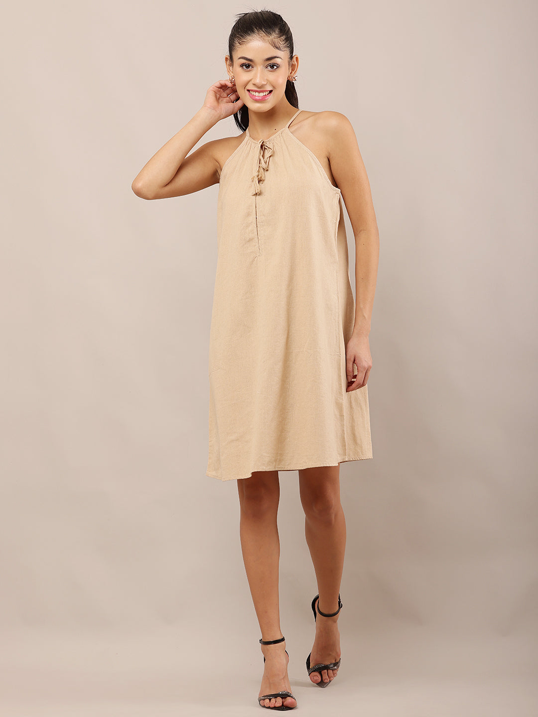 Women Beige Halter Neck Cotton A-Line Dress