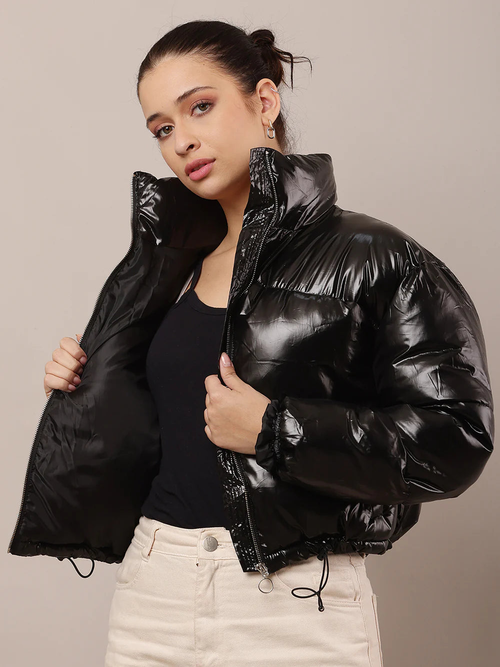 Women Black High-Neck Nylon Puffer Jacket