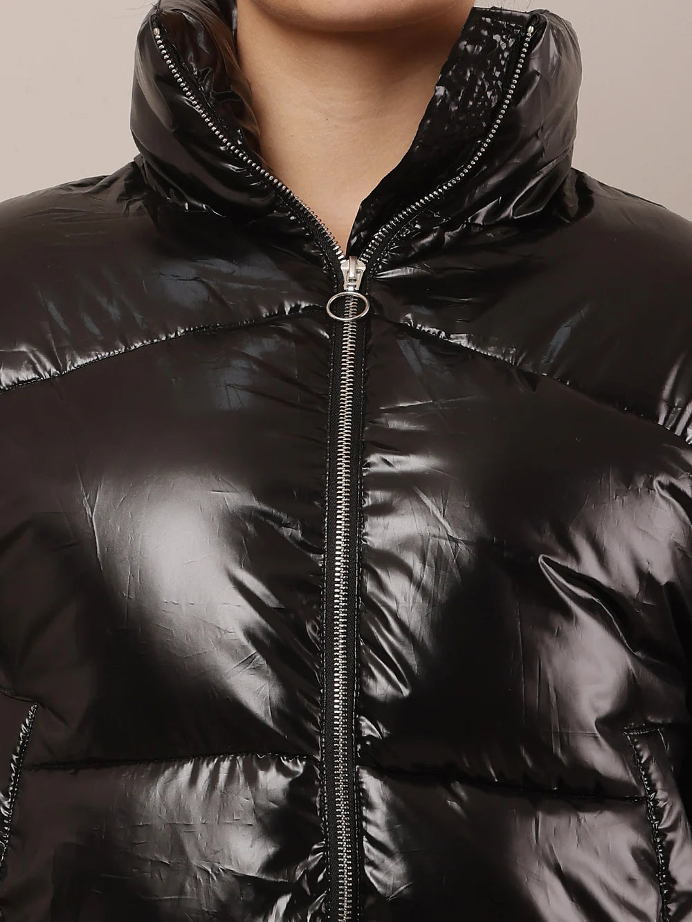 Women Black High-Neck Nylon Puffer Jacket