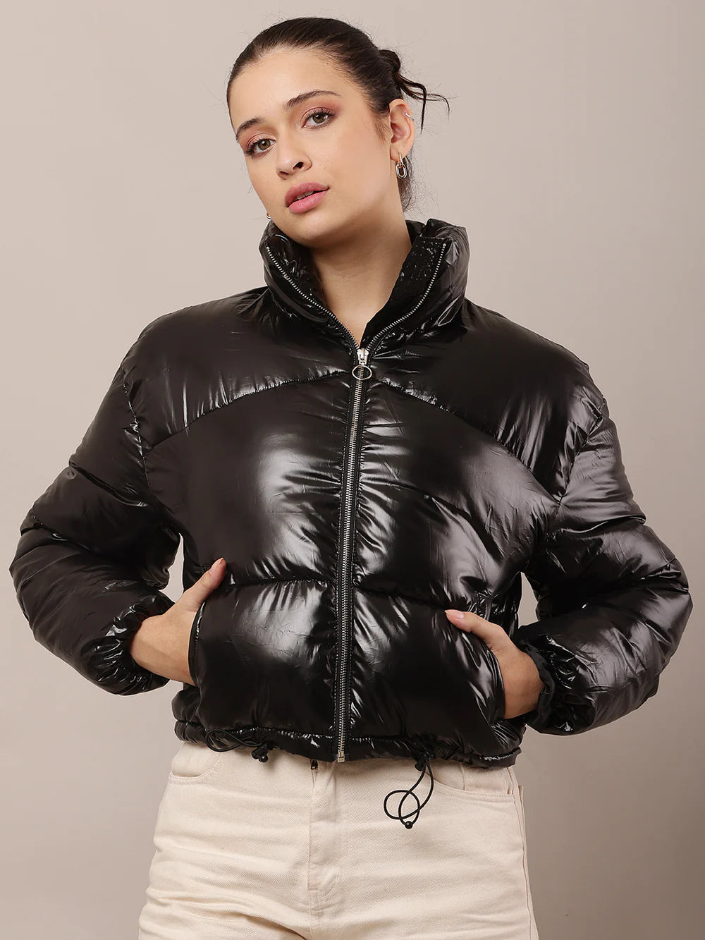 Women Black High-Neck Nylon Puffer Jacket