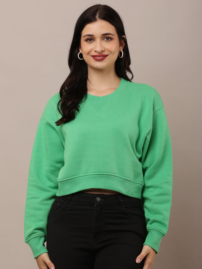 Women Green Neck Crop Sweatshirt 