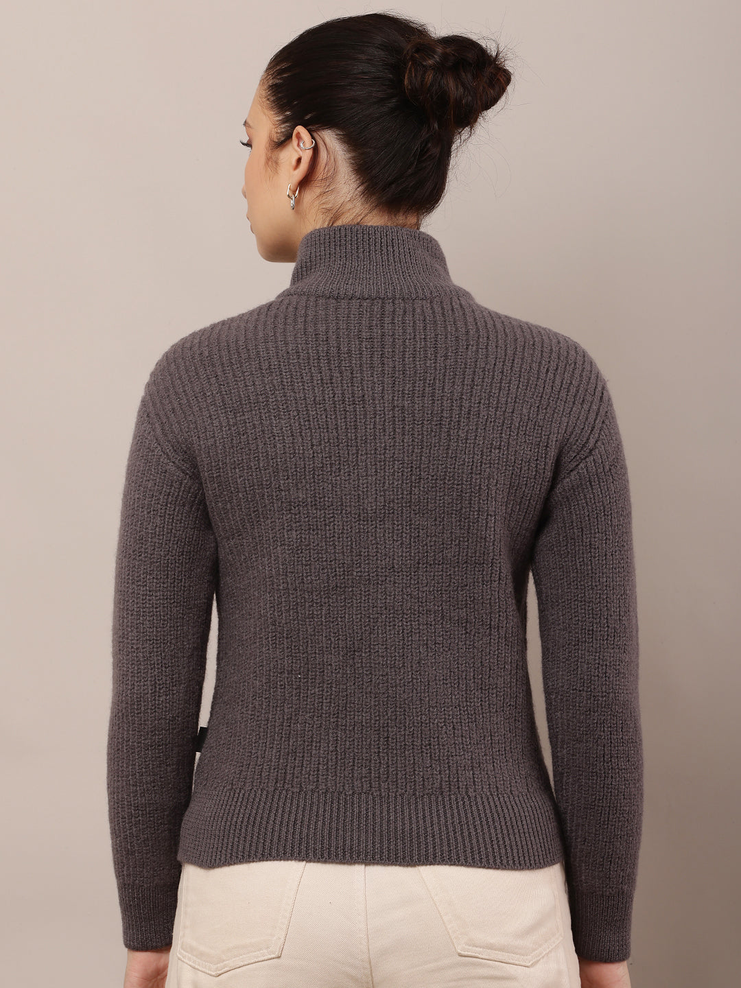 Women Wool Full Sleeve with High-neck with zip Grey Sweater