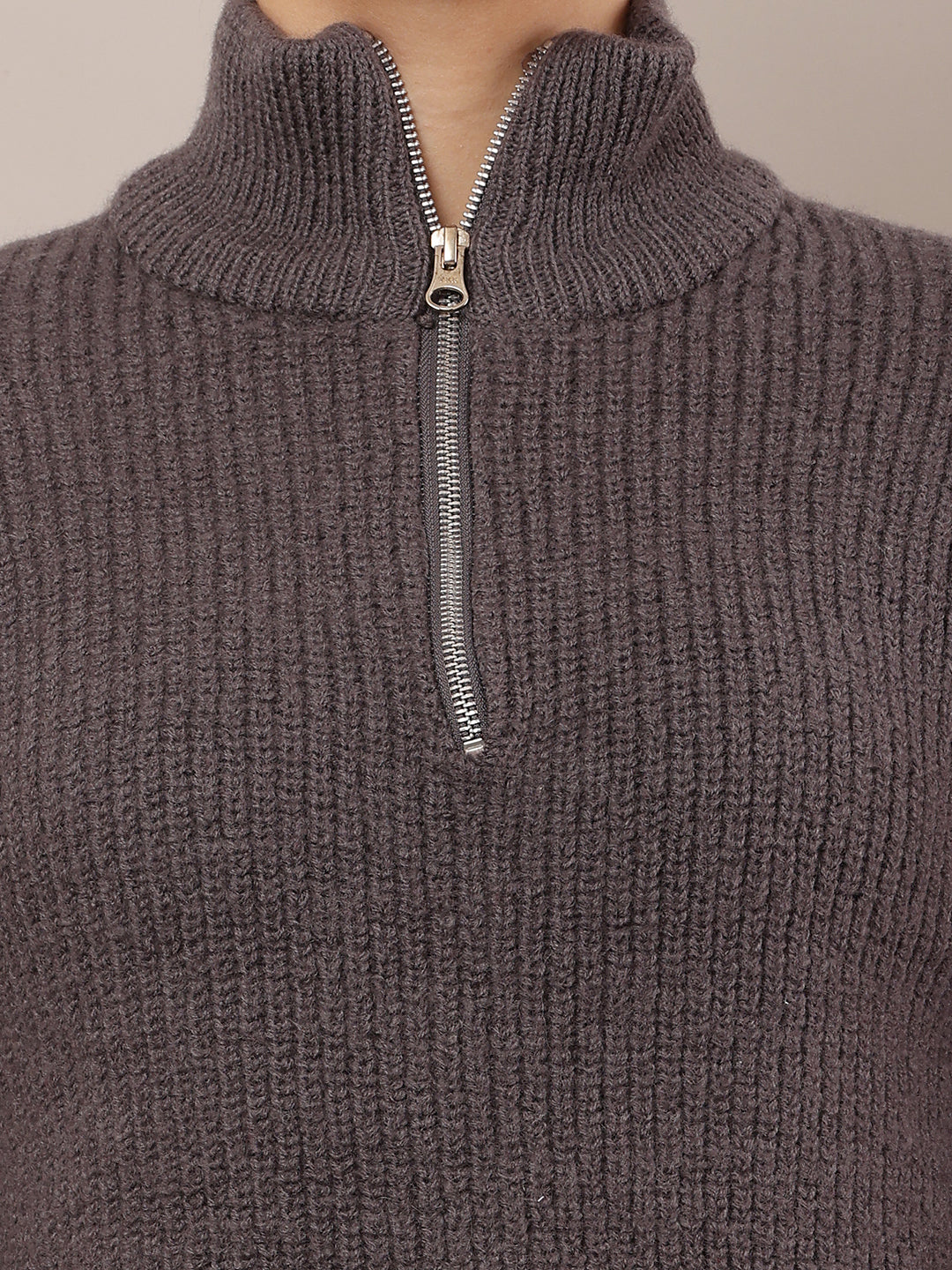 Women Wool Full Sleeve with High-neck with zip Grey Sweater