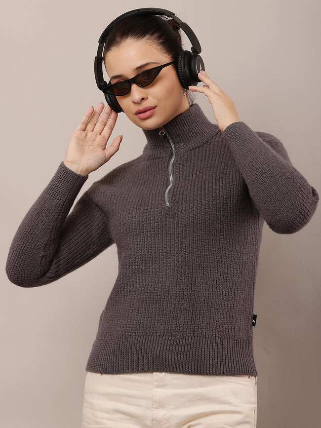Women Wool Full Sleeve with High-neck with zip Grey Sweater