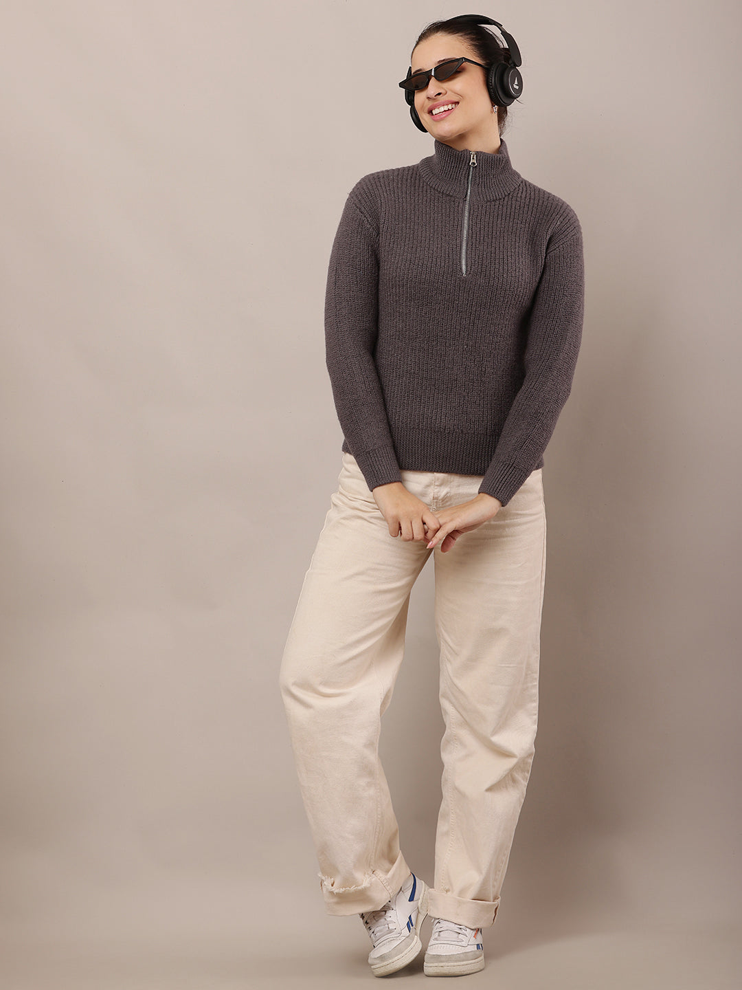 Women Wool Full Sleeve with High-neck with zip Grey Sweater