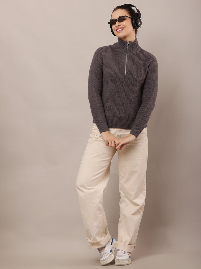 Women Wool Full Sleeve with High-neck with zip Grey Sweater