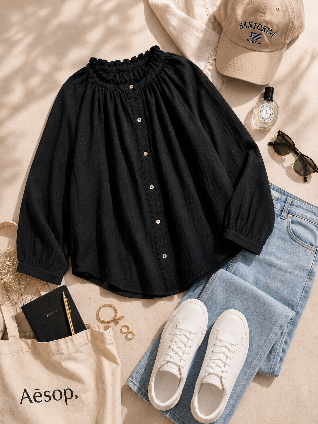 Women Black Ruffle Neck Top