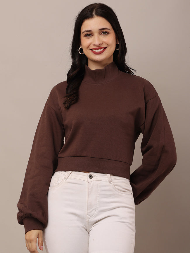 Women Brown Full Sleeve Sweatshirt 