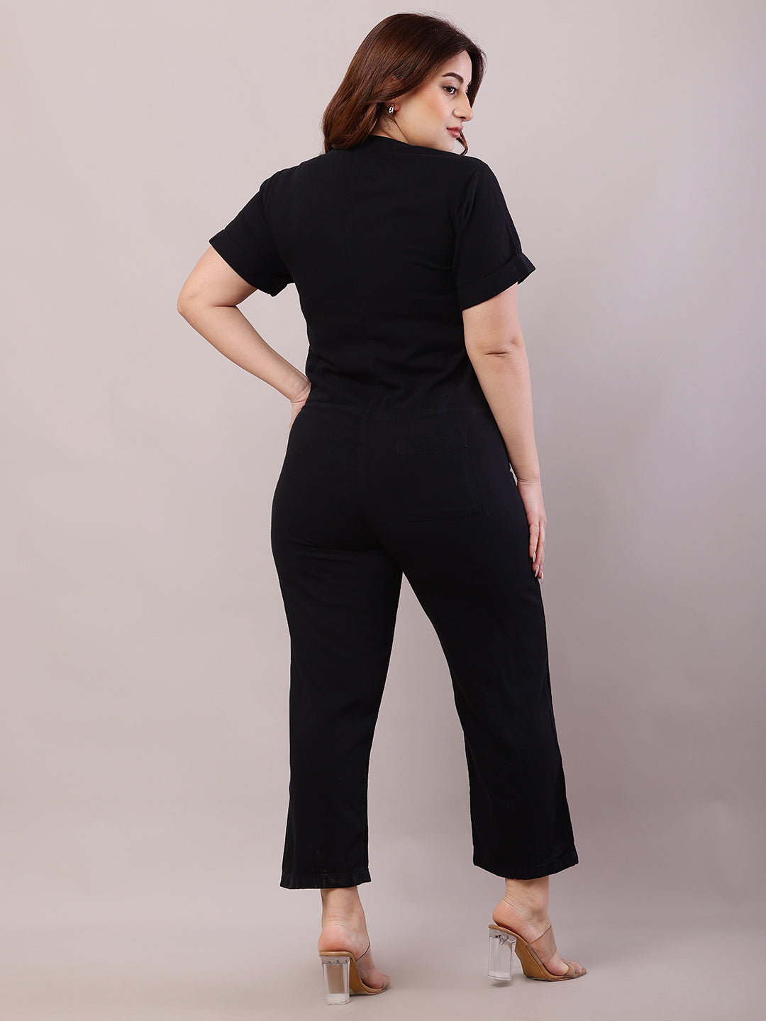 Women Black Cotton Short Sleeve Jumpsuit