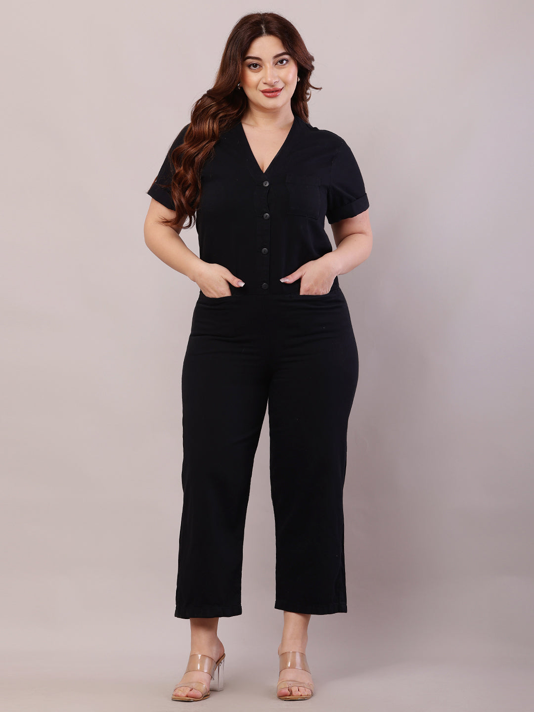 Women Black Cotton Short Sleeve Jumpsuit