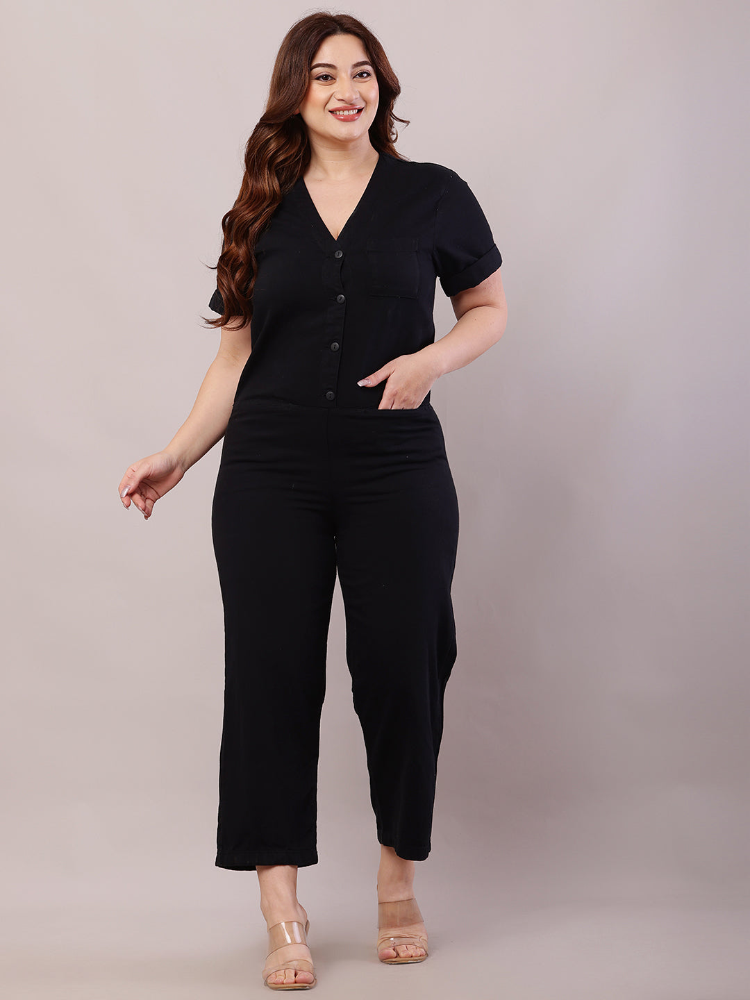 Women Black Cotton Short Sleeve Jumpsuit