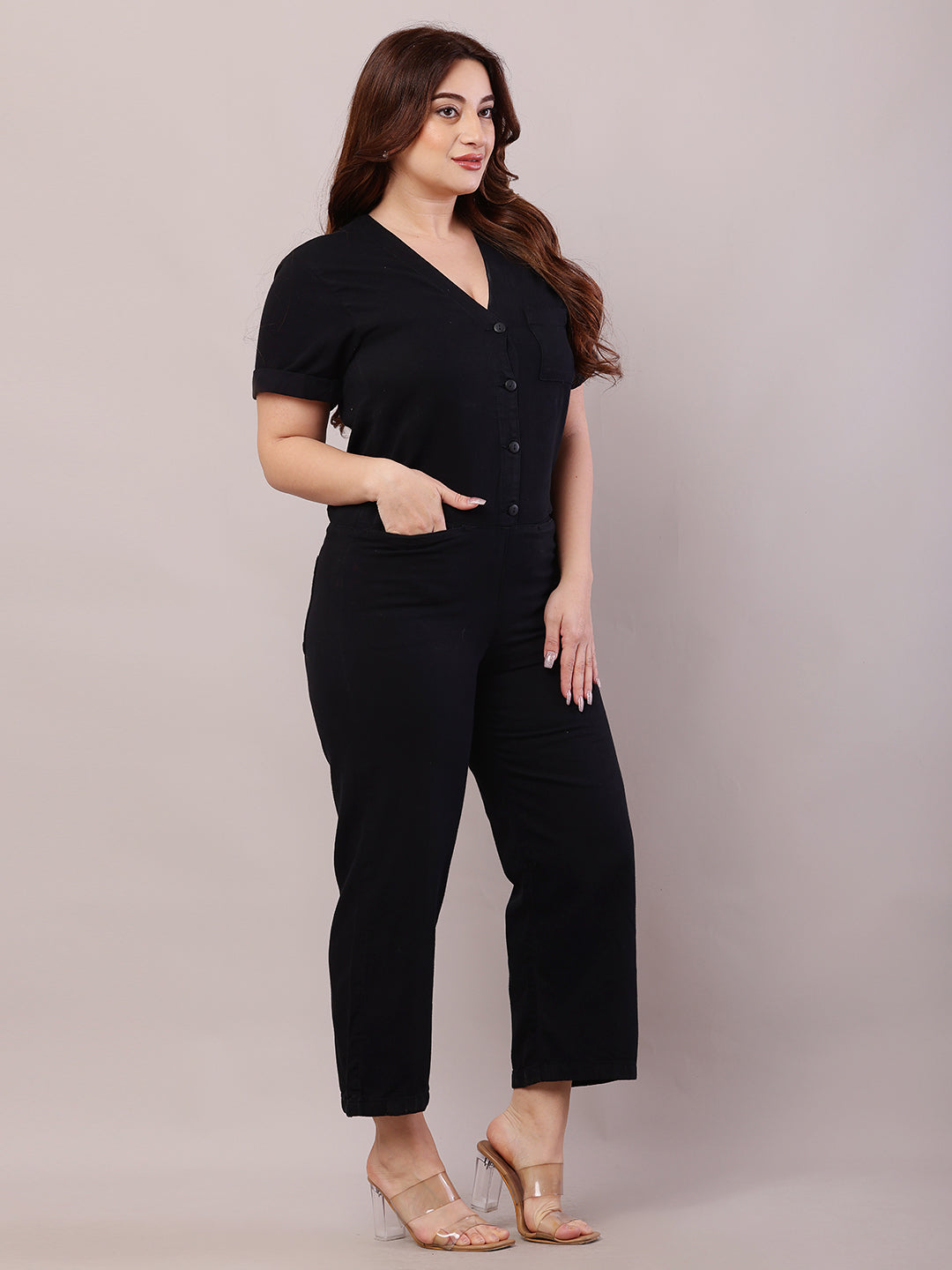 Women Black Cotton Short Sleeve Jumpsuit