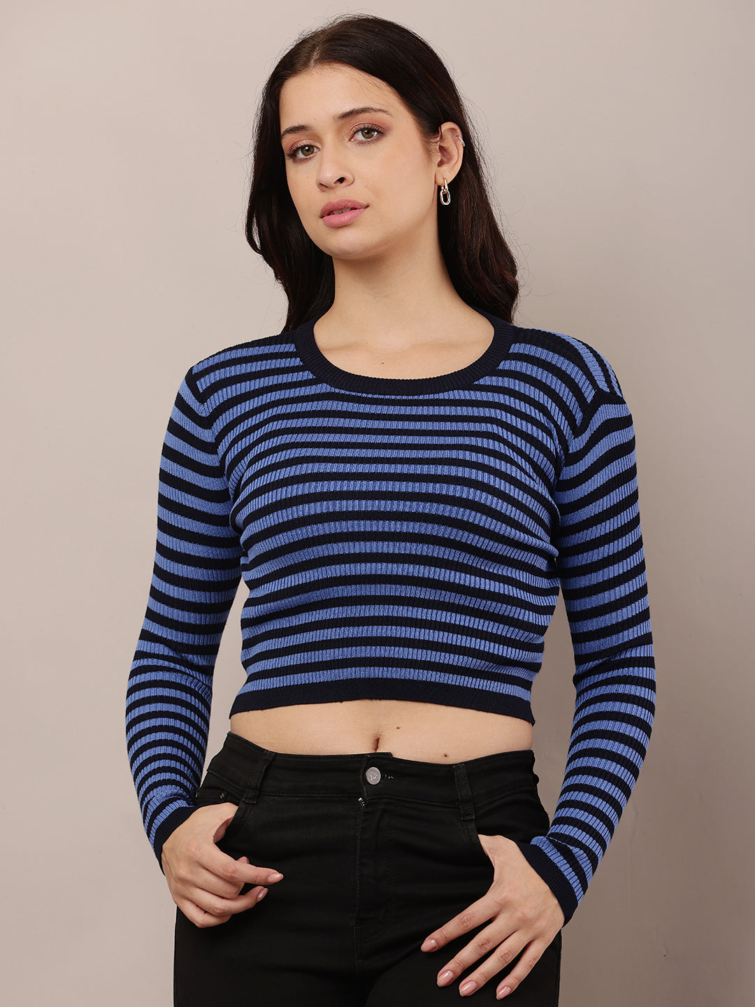 Women Blue & Black Round Neck Sweater