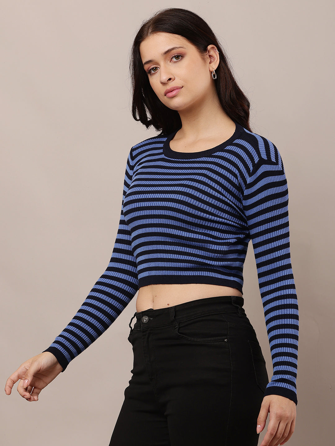 Women Blue & Black Round Neck Sweater