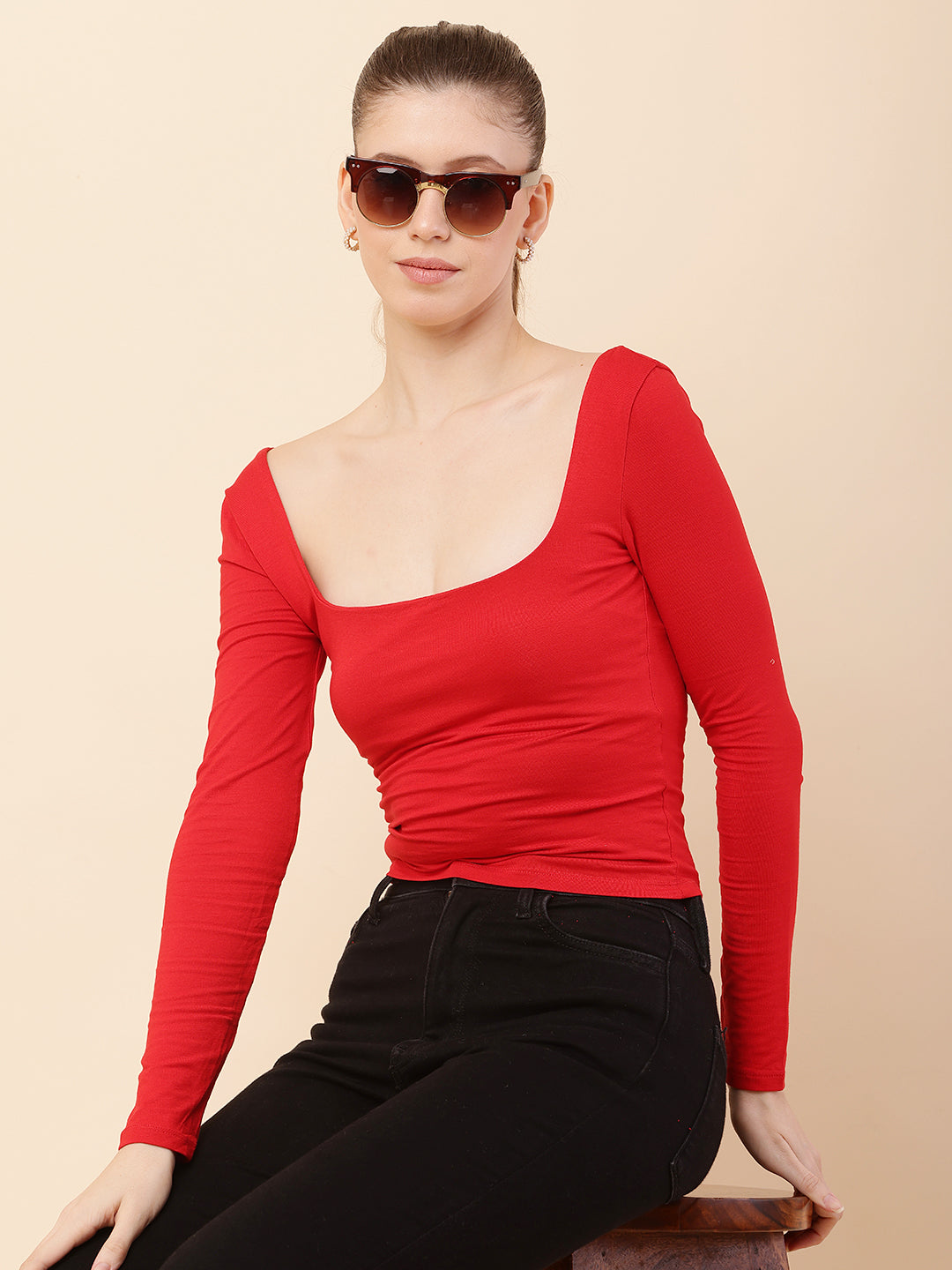 Women Red Square Neck Regular Top