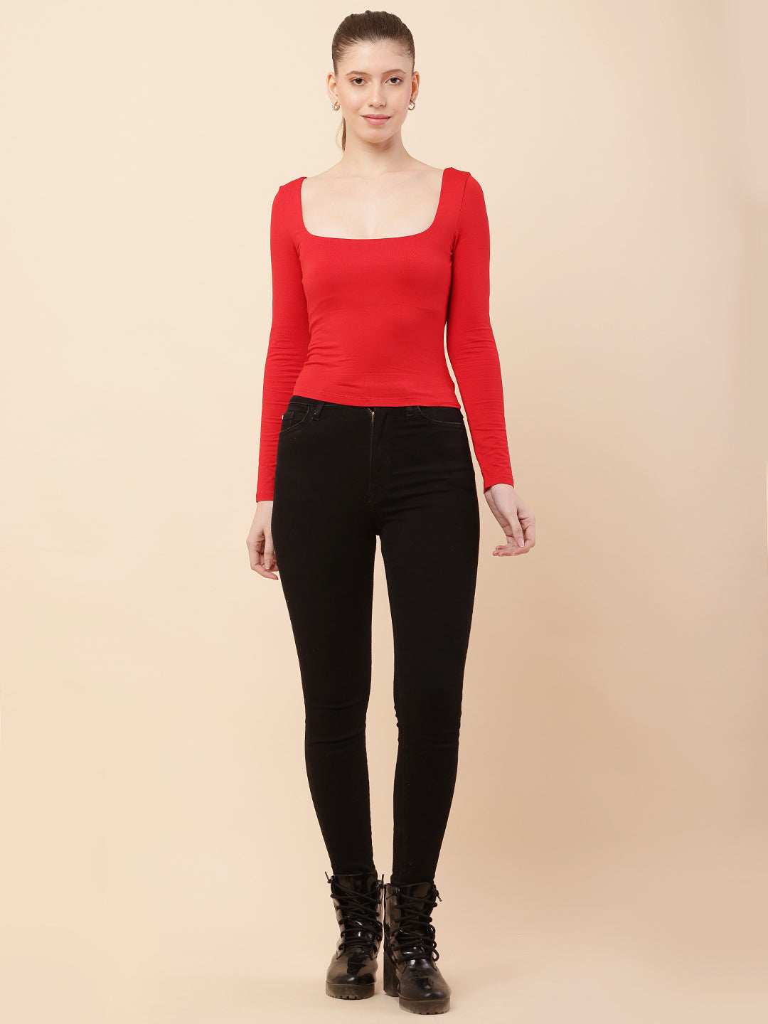 Women Red Square Neck Regular Top