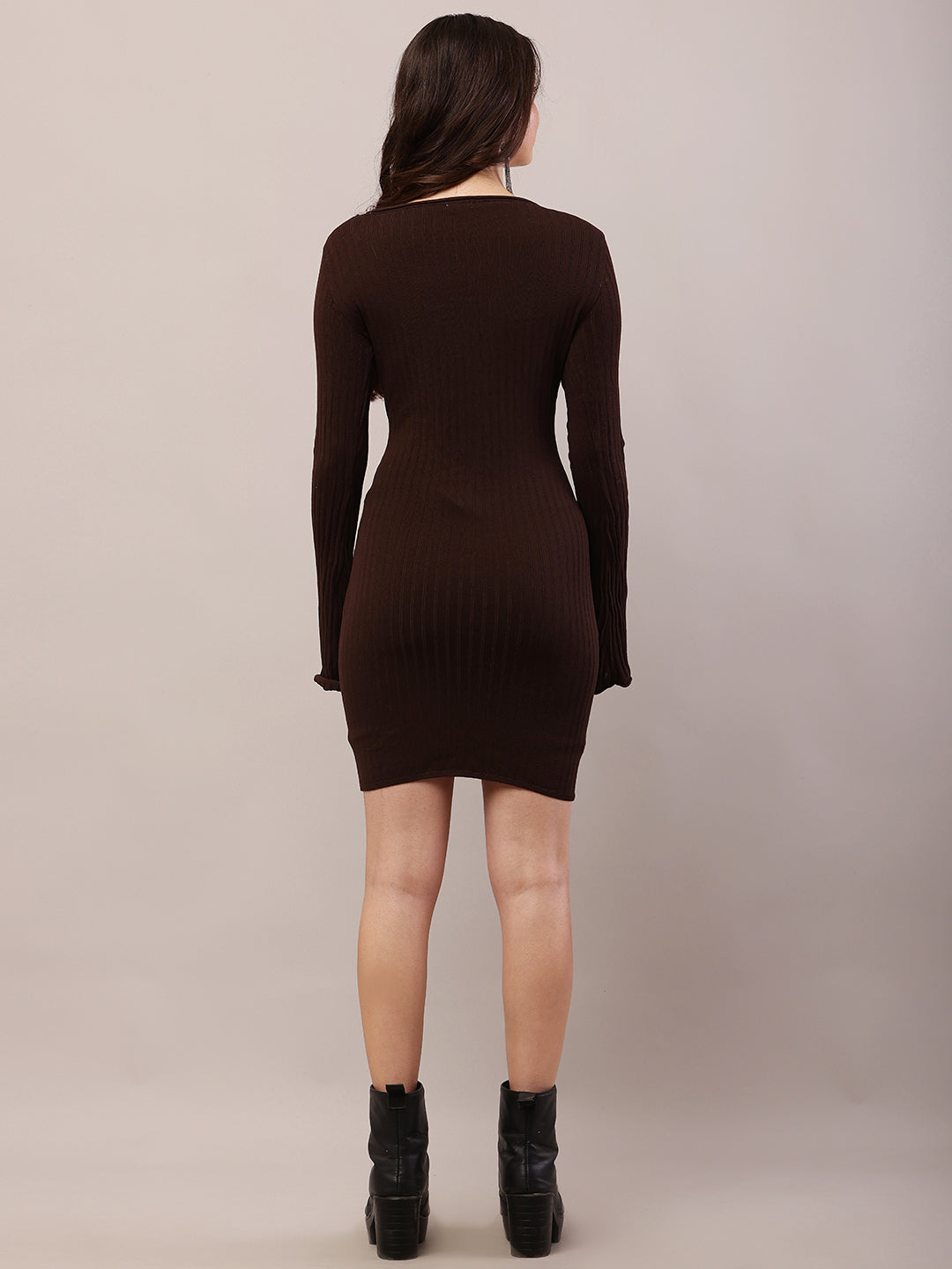 Women brown viscose ribbed full sleeve bodycon dress