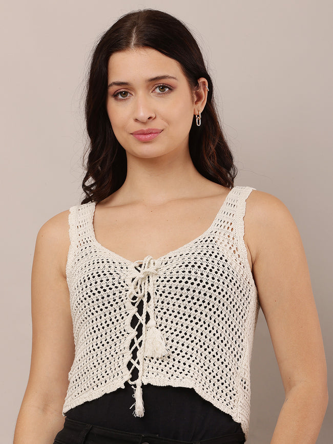 Women Off-White Sleeveless Crochet Knit Vest