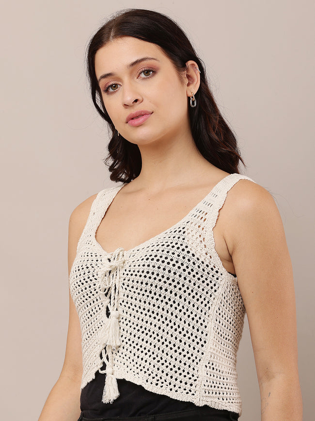 Women Off-White Sleeveless Crochet Knit Vest