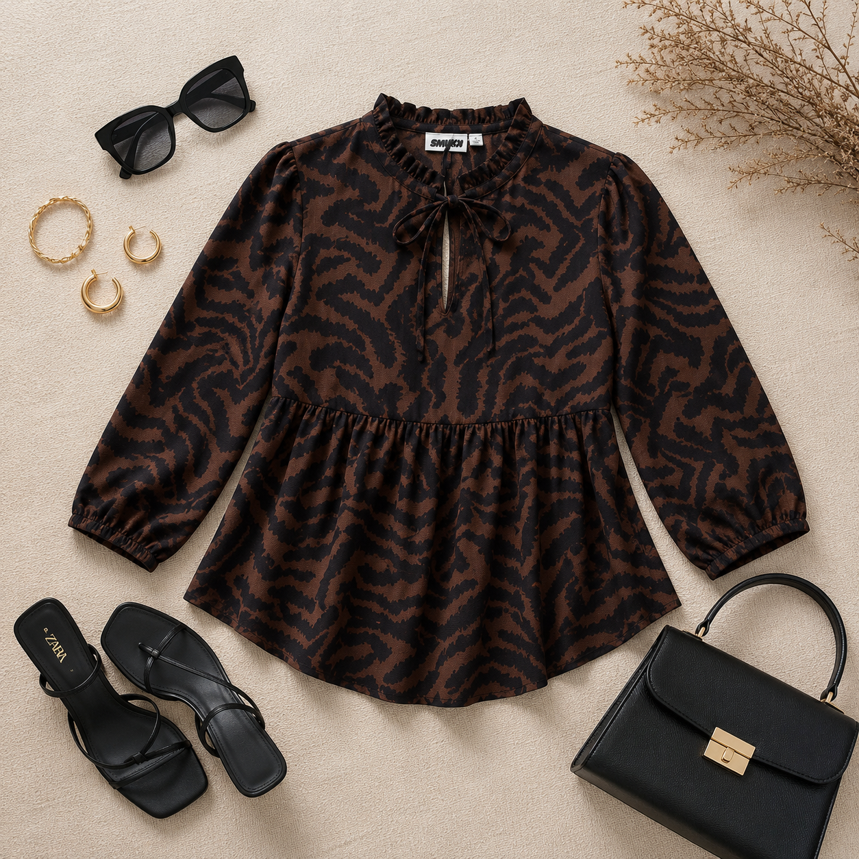 Women Tiger Print Tie-Neck Peplum Top