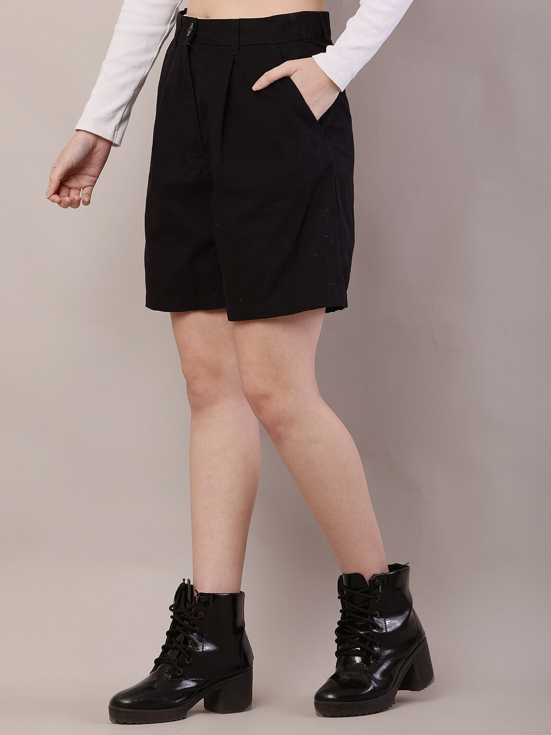 Women black cotton belt-loop solid shorts