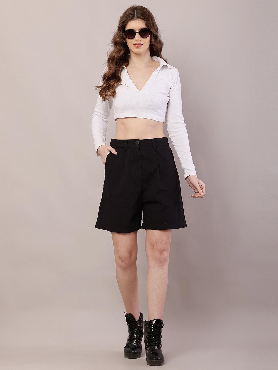 Women black cotton belt-loop solid shorts