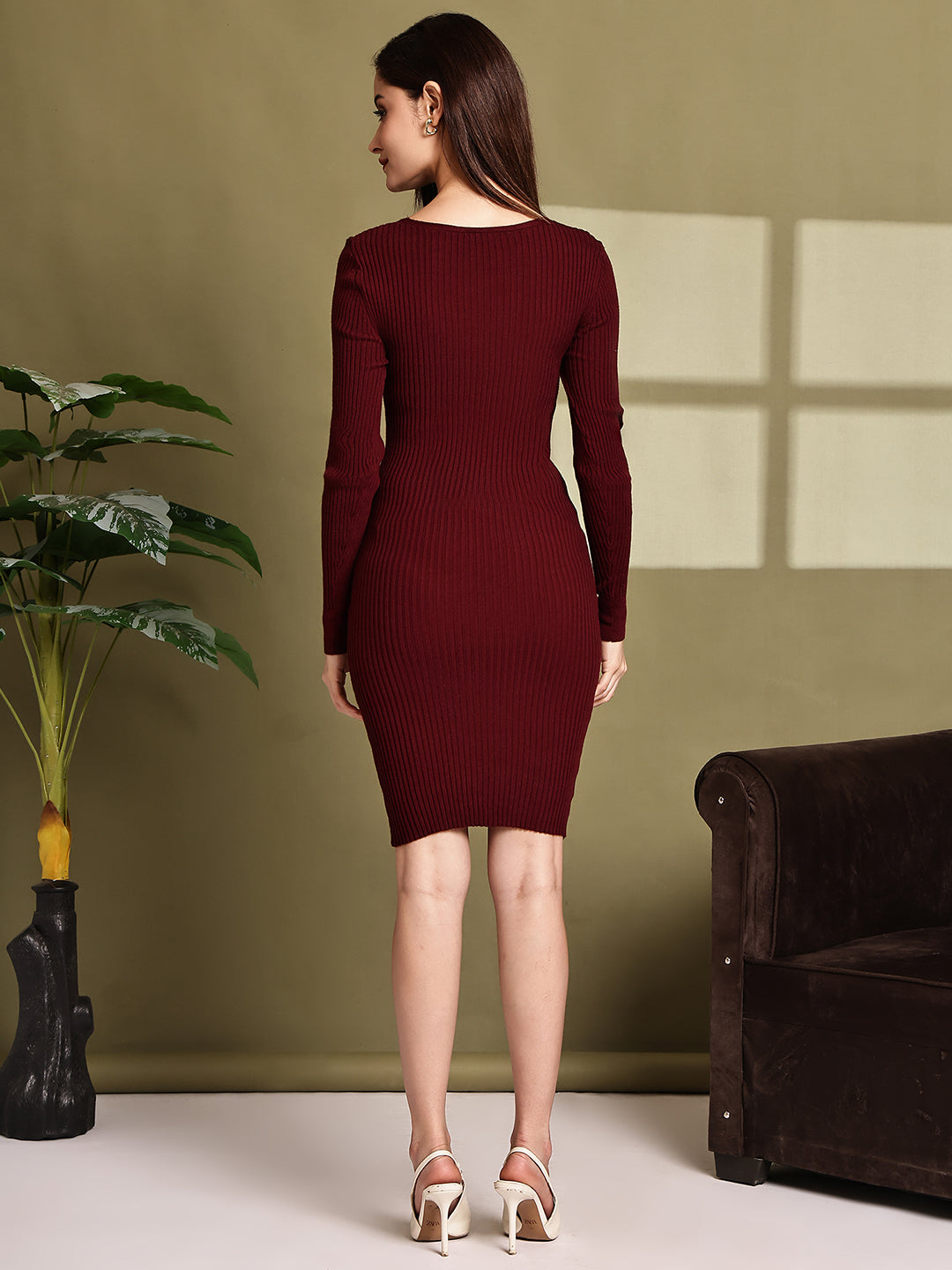 Women Maroon Viscose Full Sleeve Bodycon Dress
