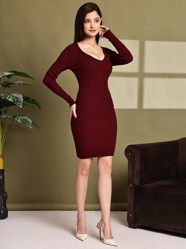 Women Maroon Viscose Full Sleeve Bodycon Dress