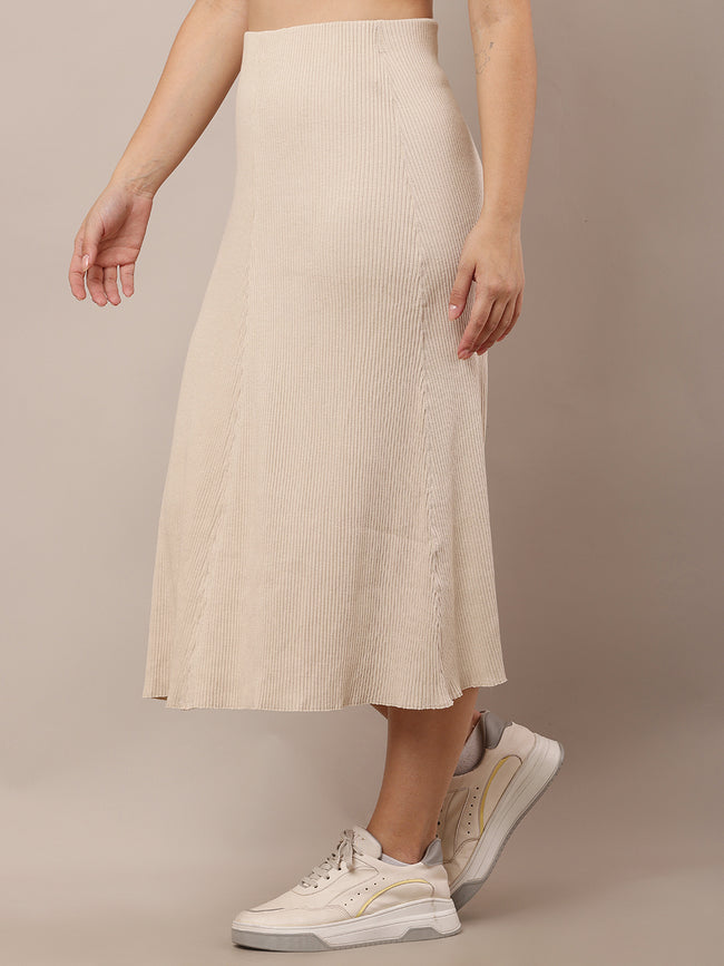 Women Beige Ribbed-Knit A-Line Skirt