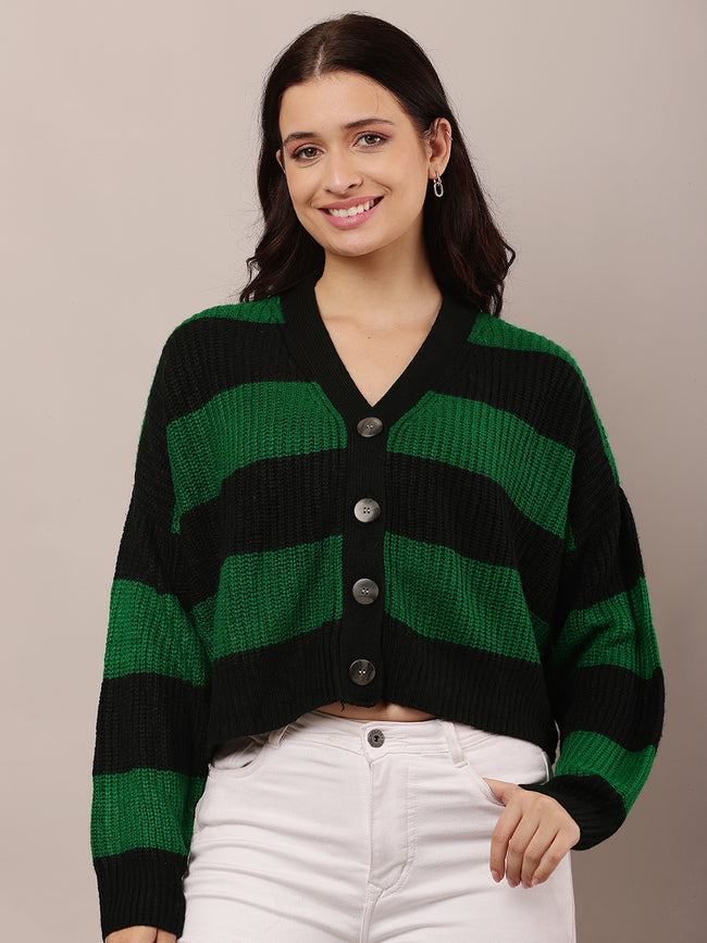 Women Green & Black Striped V-Neck Cardigan