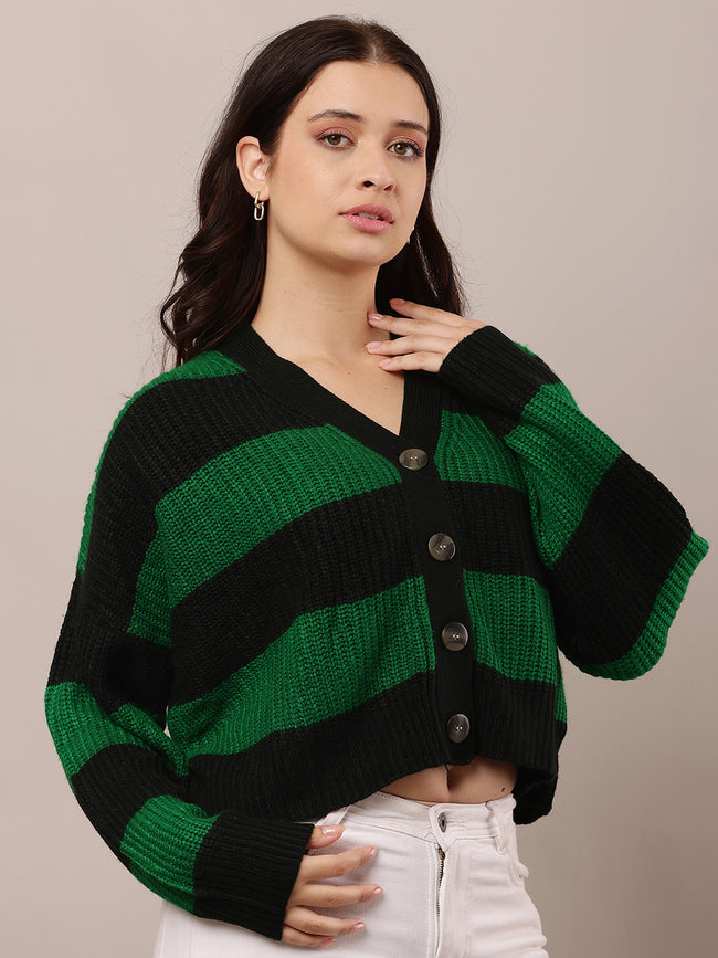 Women Green & Black Striped V-Neck Cardigan