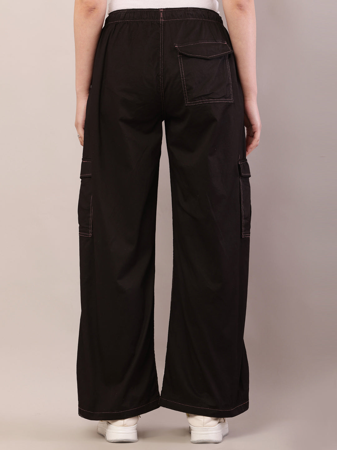 Women dark brown cotton high-rise cargo pants