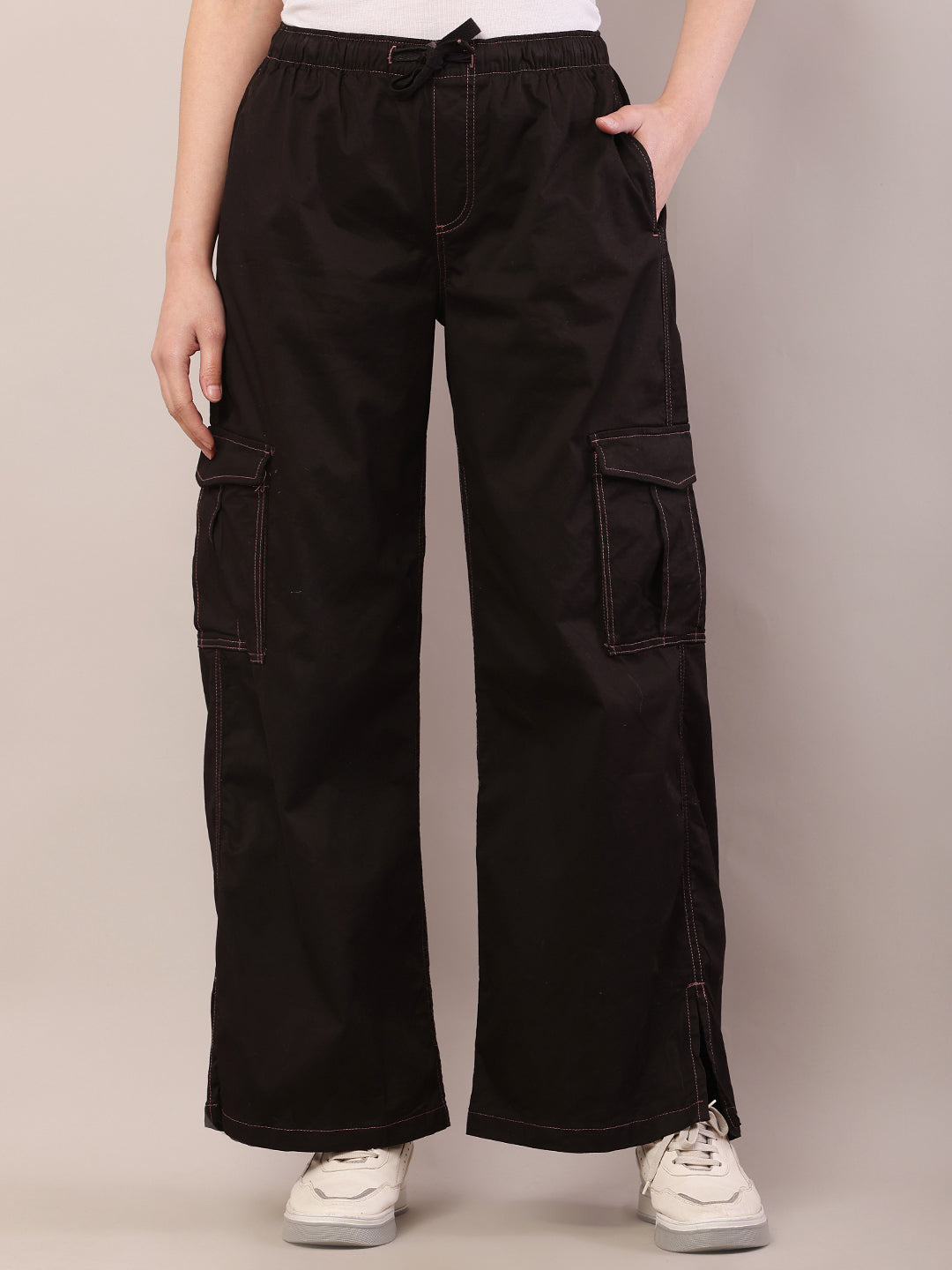 Women dark brown cotton high-rise cargo pants