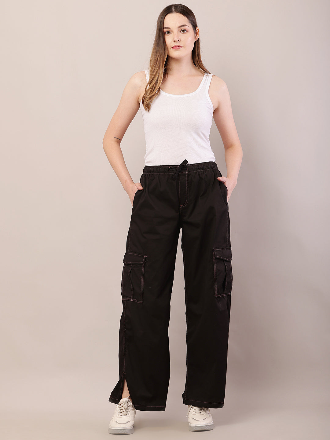 Women dark brown cotton high-rise cargo pants