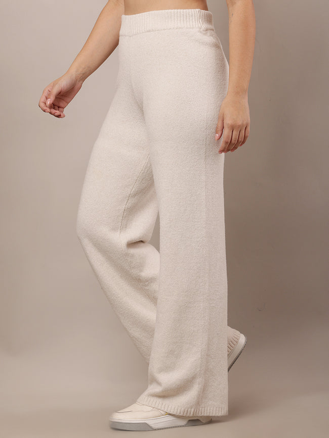 Women Off-White Elasticated Waist Polyester Trousers