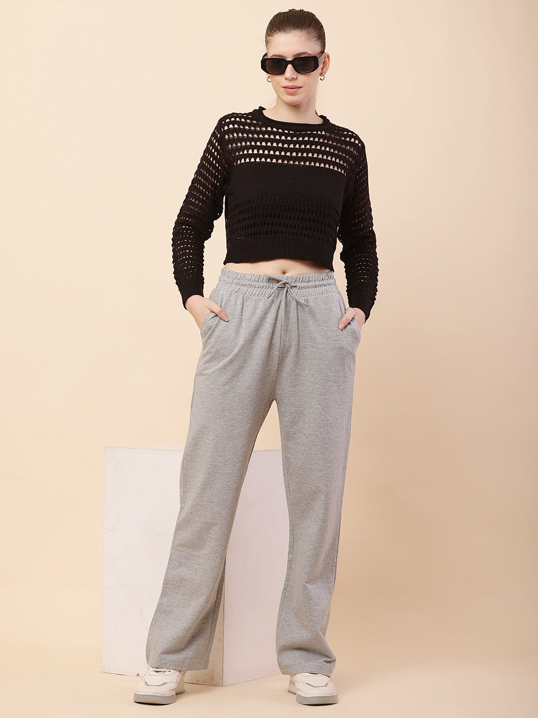 Women Grey Drawstring Cotton Trouser