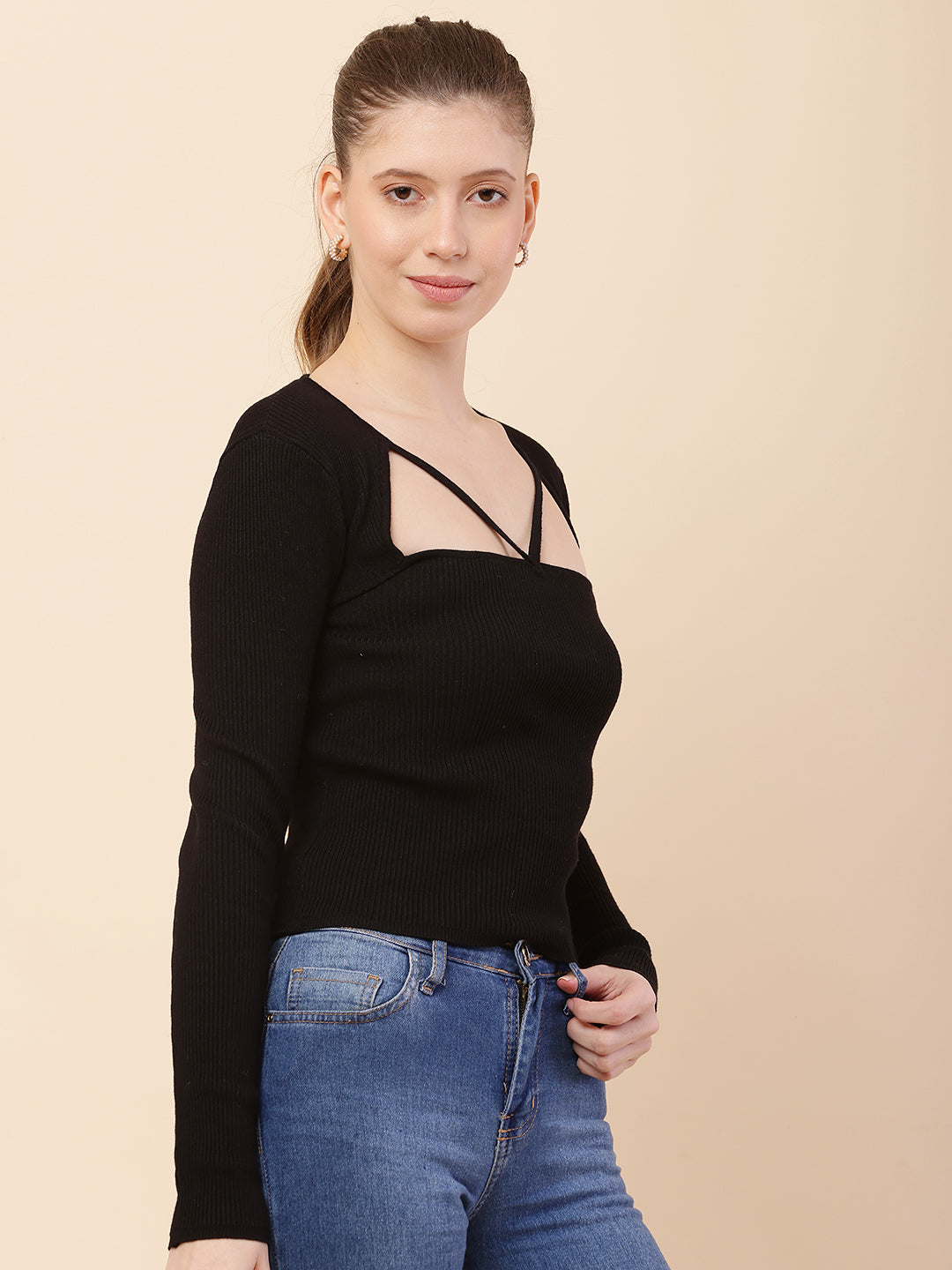 Women Black Ribbed V-neck Top