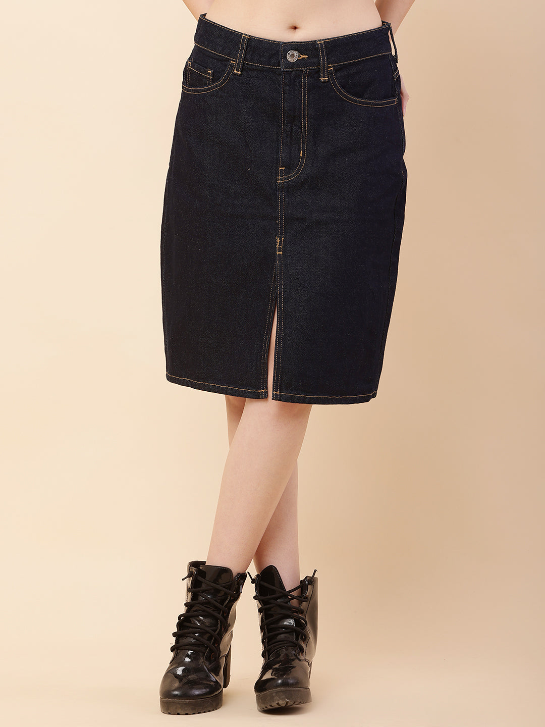 Women Dark Blue Front Slit Denim Skirt