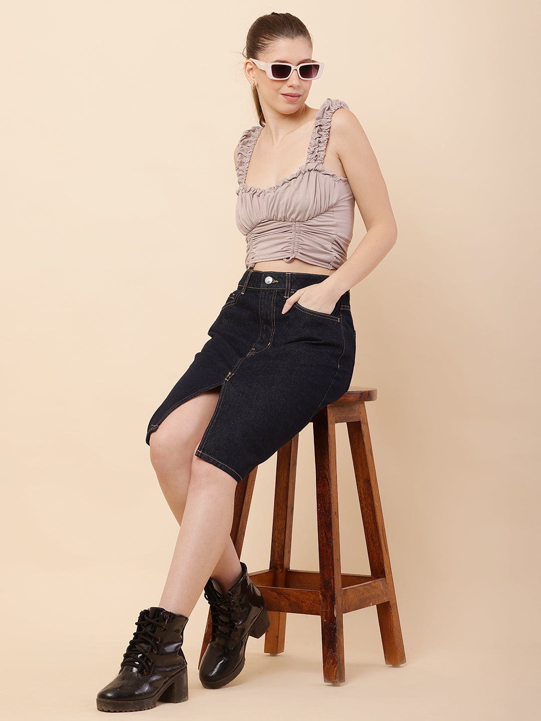 Women Dark Blue Front Slit Denim Skirt