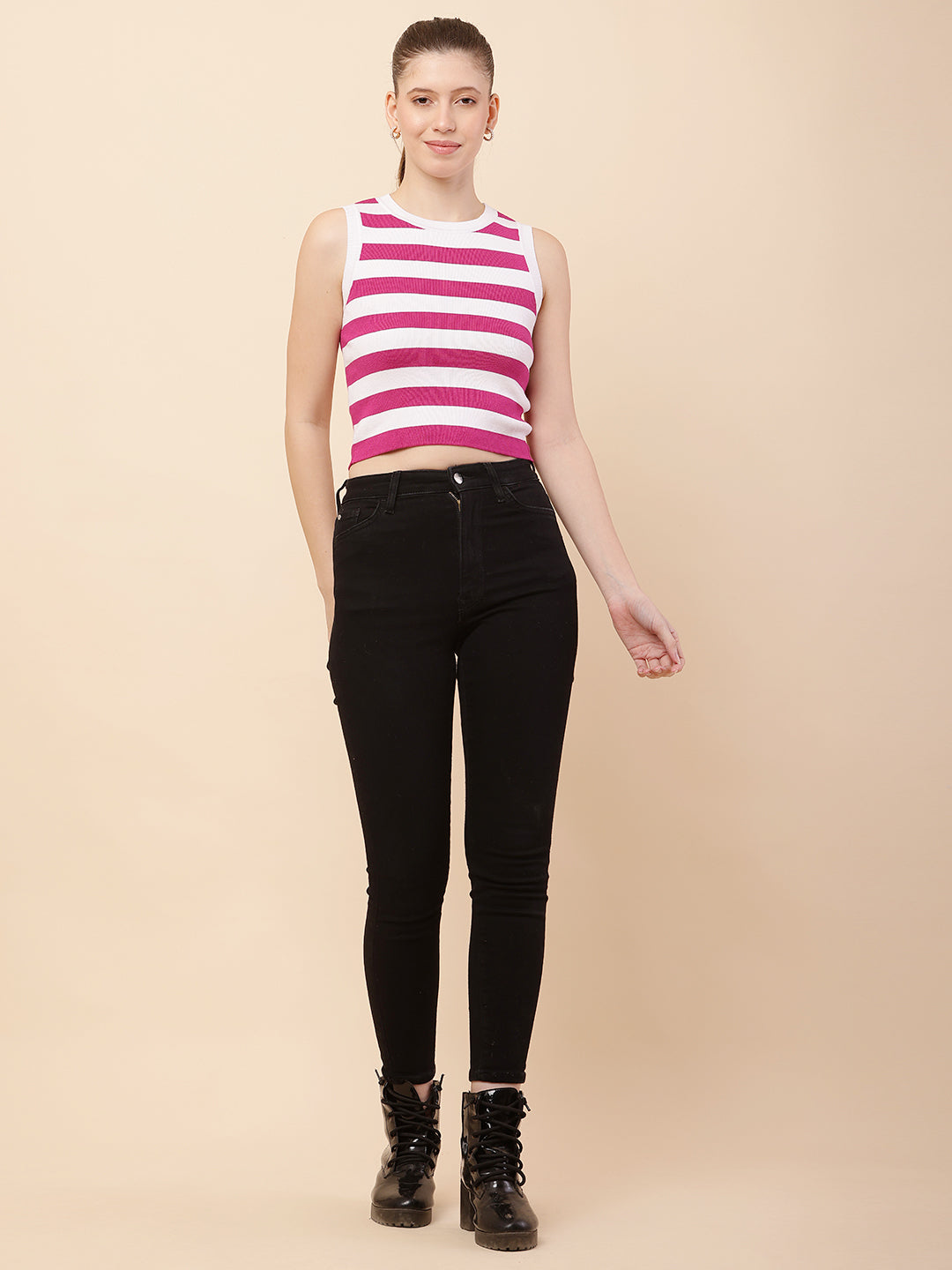 Women Pink Striped Crop Top