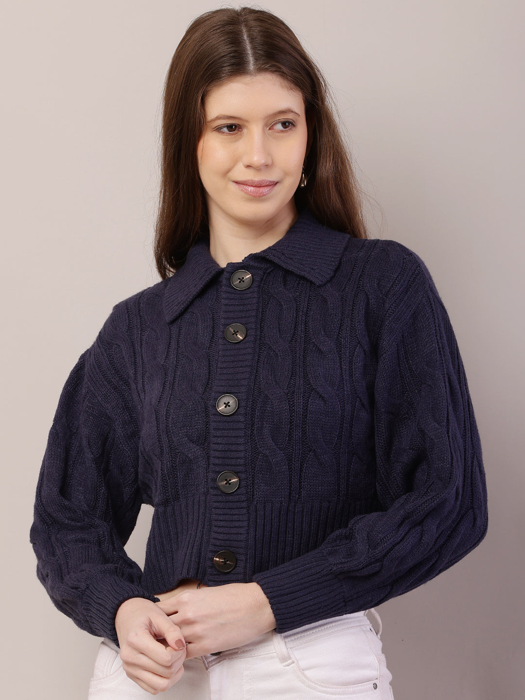 Women Shirt Collar Dark Blue Cardigan