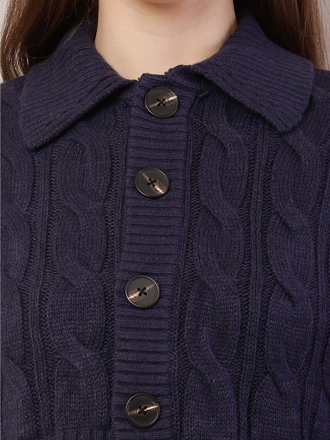 Women Shirt Collar Dark Blue Cardigan