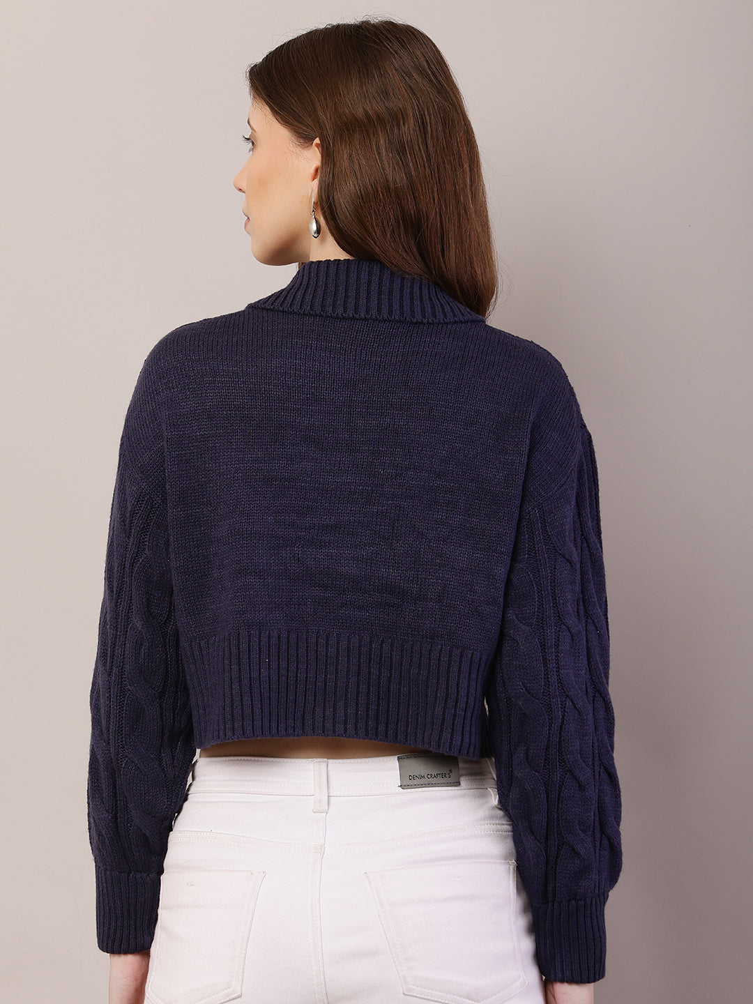 Women Shirt Collar Dark Blue Cardigan