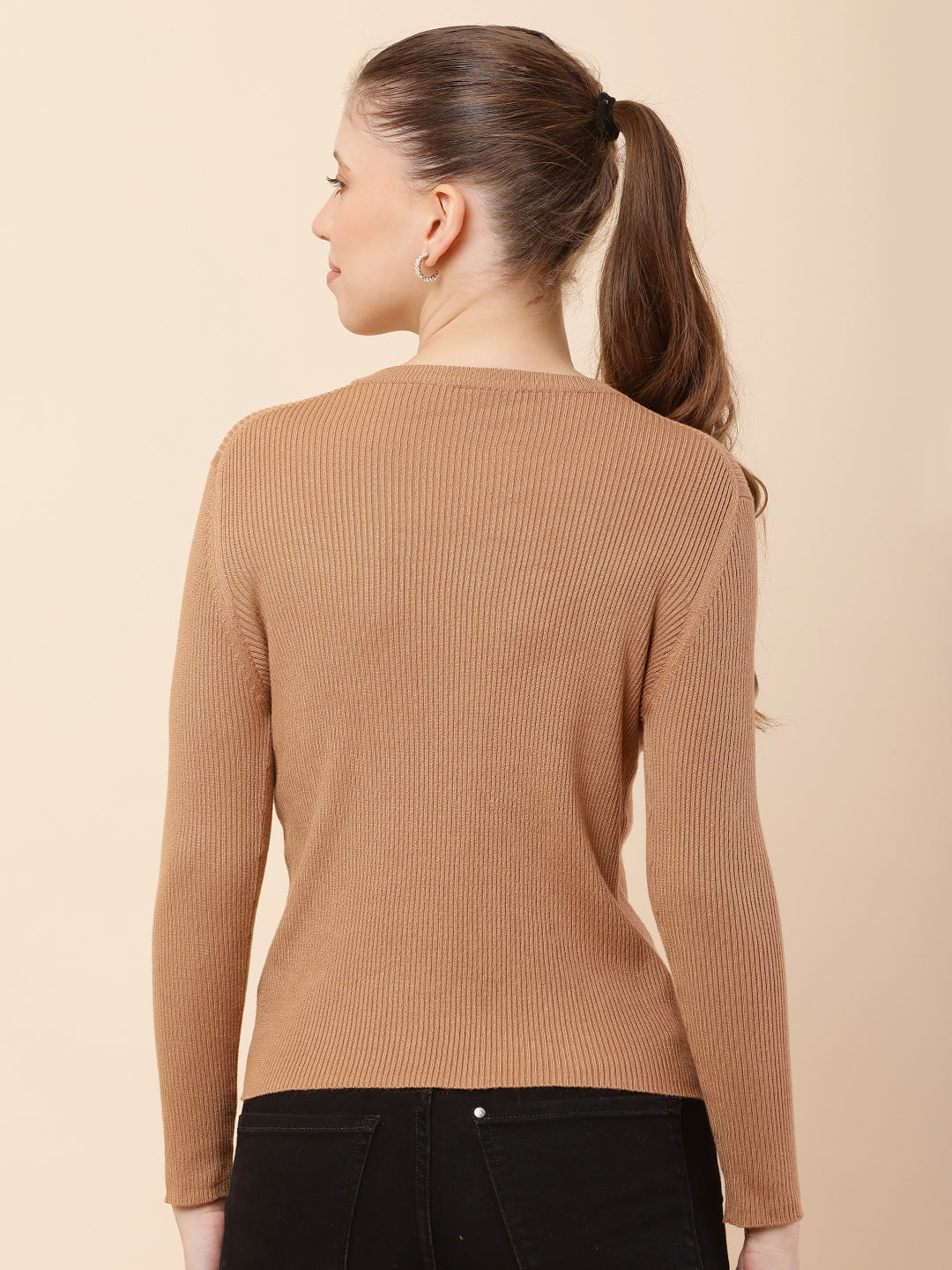 Women Brown Ribbed Sweater