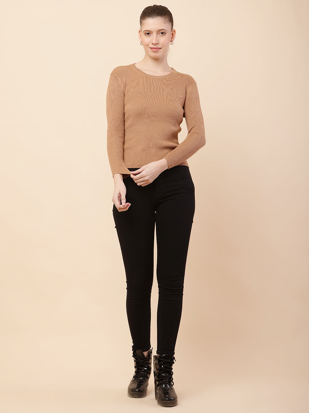 Women Brown Ribbed Sweater