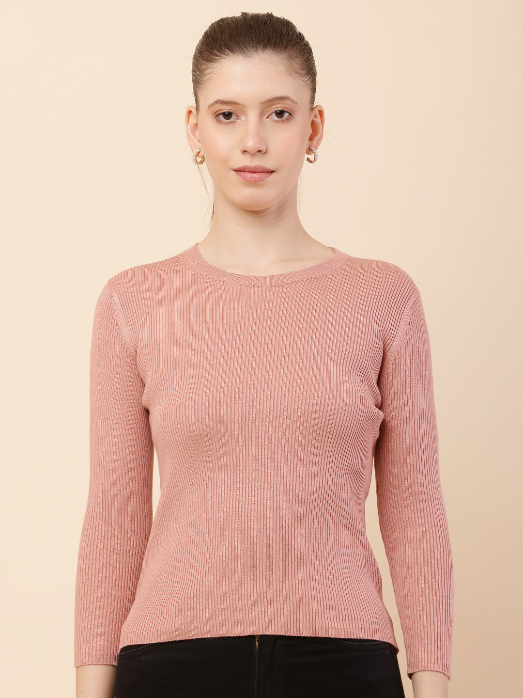 Women Peach Ribbed Sweater