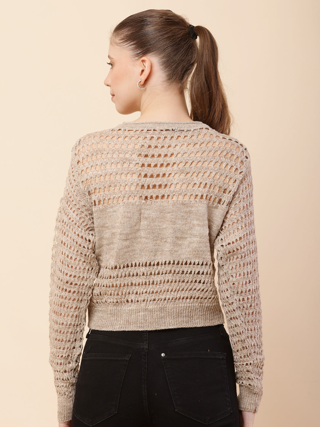 Women Beige Crochet Sweater