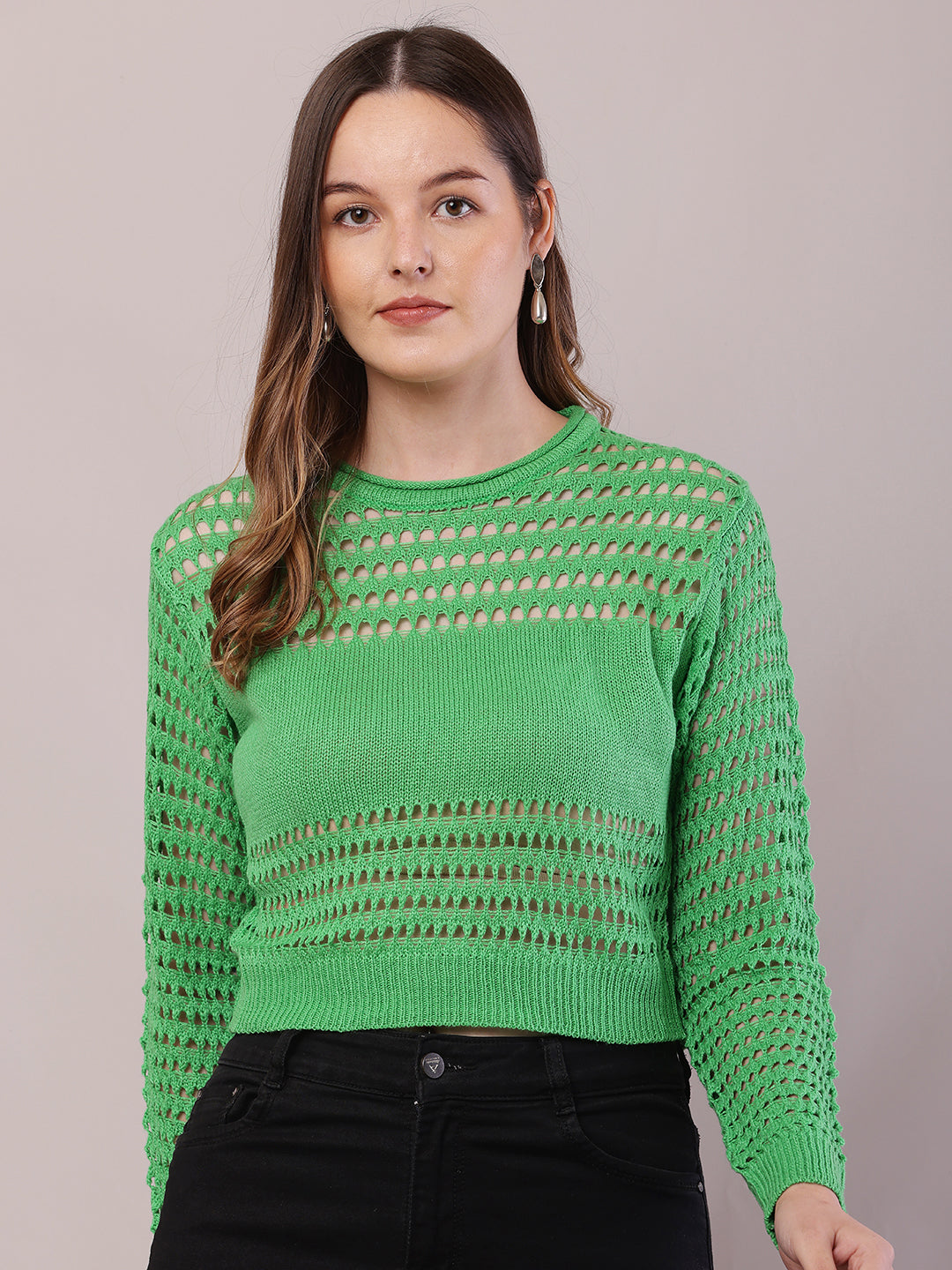 Women Green Polyester Crochet Full Sleeve Sweater