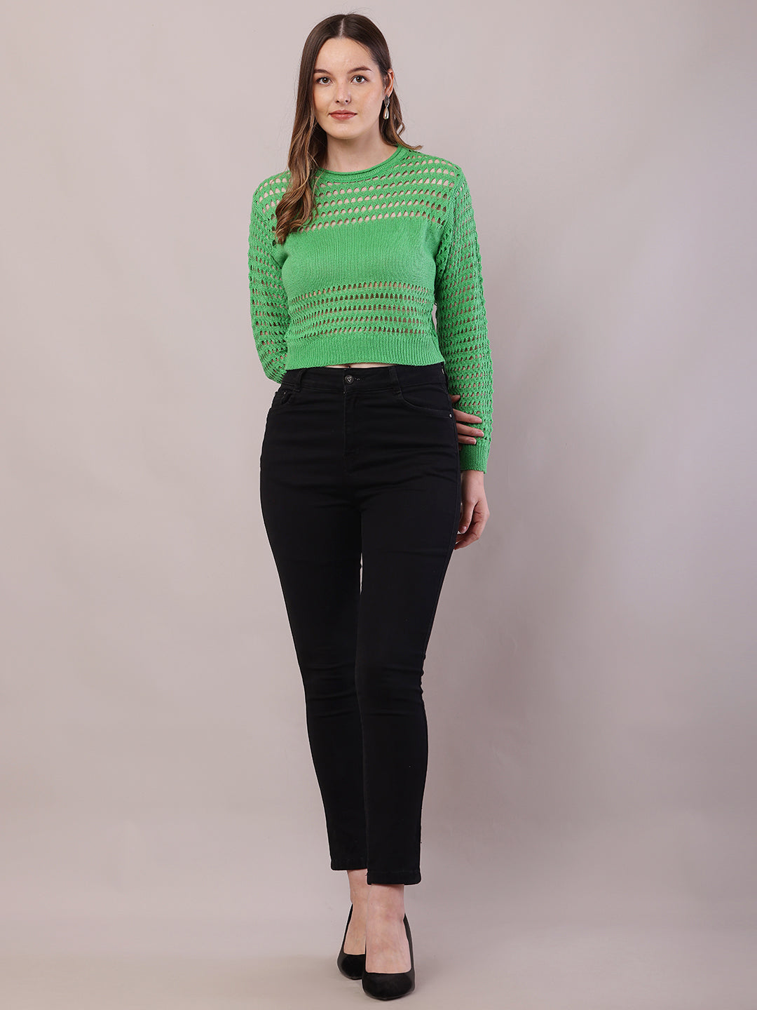 Women Green Polyester Crochet Full Sleeve Sweater